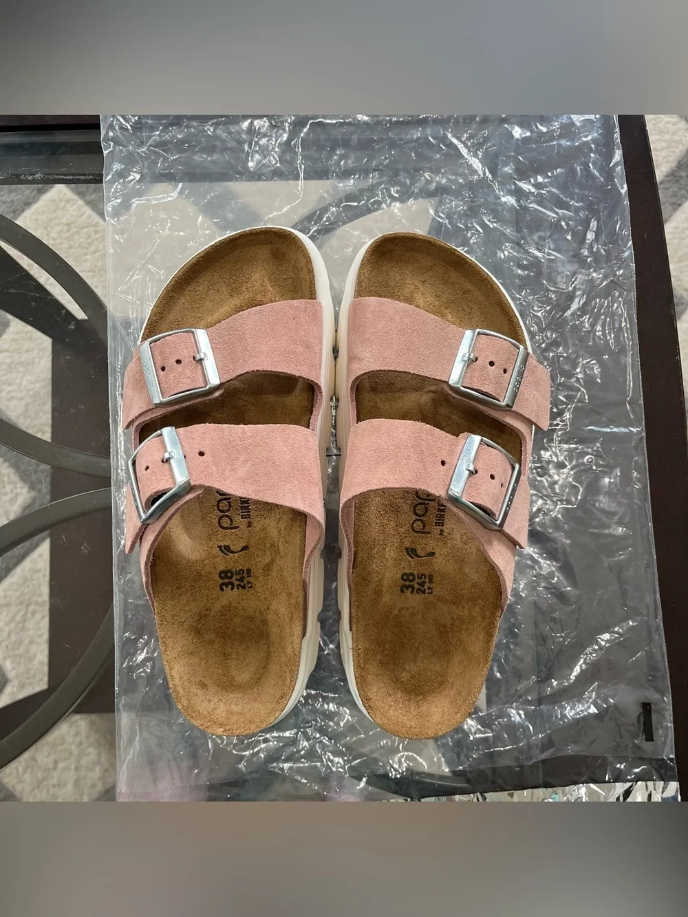 Sz 7 Birkenstock Women's Papillio Arizona Chunky Narrow Pink Suede EU 38